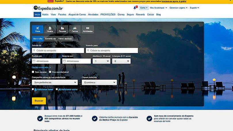 Página principal do site Expedia/ Crédito foto: http://exame.abril.com.br/seu-dinheiro/noticias/25-sites-que-ajudam-a-economizar-em-viagens#7